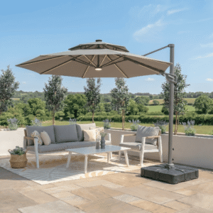 LISBOA Round Solar LED Rotating Cantilever Garden Parasol with Base - Clay Beige