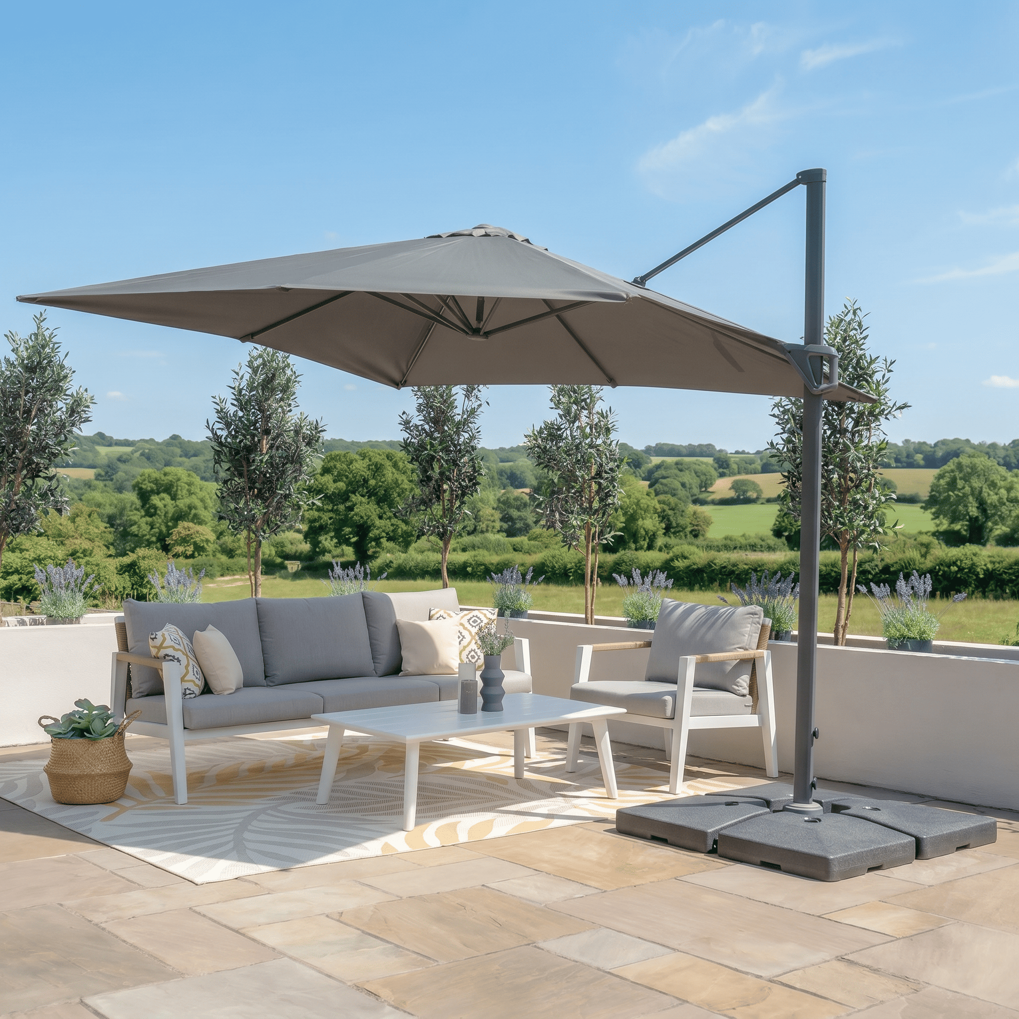 RENGARD Porto Square Cantilever Rotating Garden Parasol Olive Green with Base