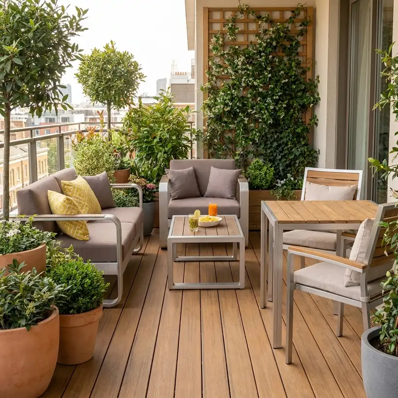 Stylish compact balcony garden with layered planters and slim outdoor furniture