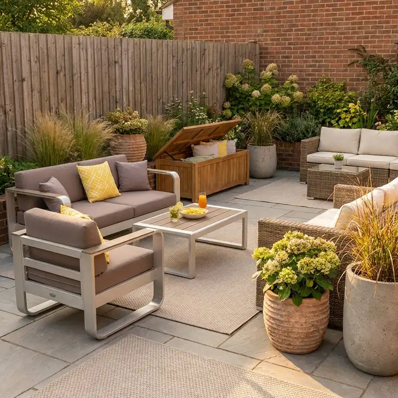 Stylish storage garden bench on a compact UK patio