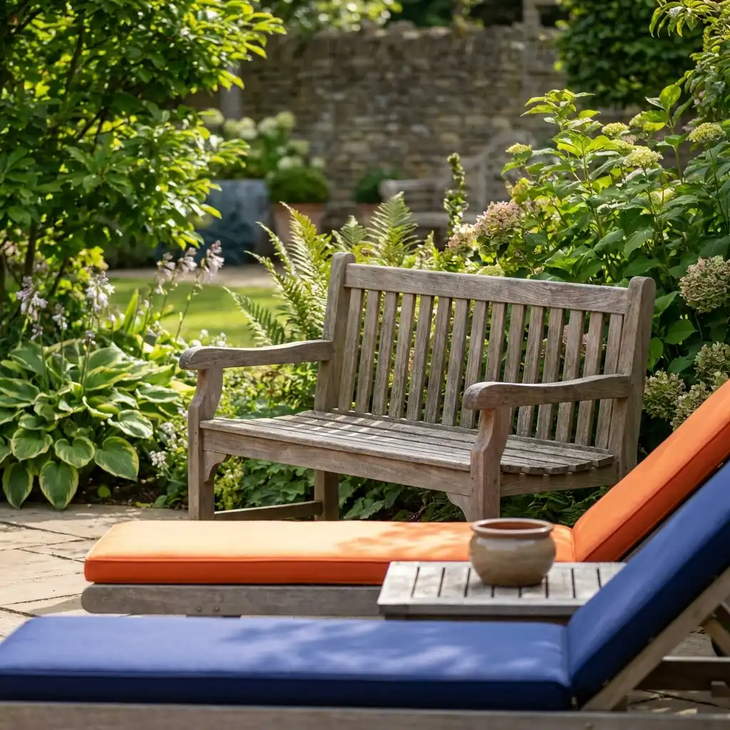 Solid teak garden bench on a stone patio in a stylish UK garden