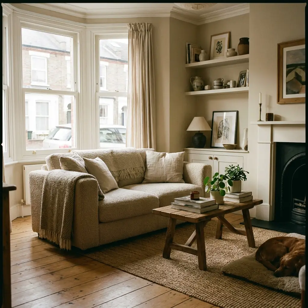 Affordable modern living room with a stylish compact sofa, soft neutral décor, warm natural light, realistic fabric textures, small UK home layout, photorealistic interior scene, no text