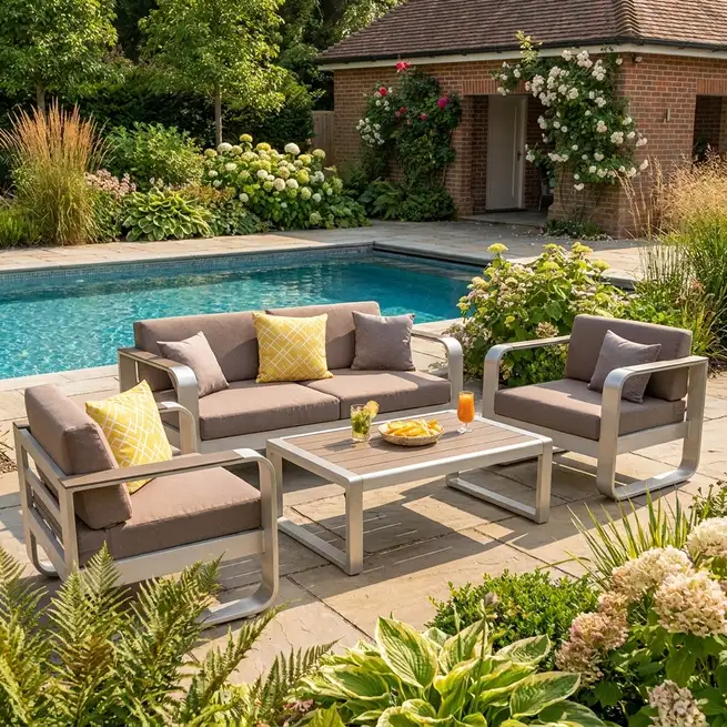 Luxury UK garden seating with woven rattan textures, aluminium frames, soft cushions, and a stylish patio setting, photorealistic photograph with natural lighting and realistic textures