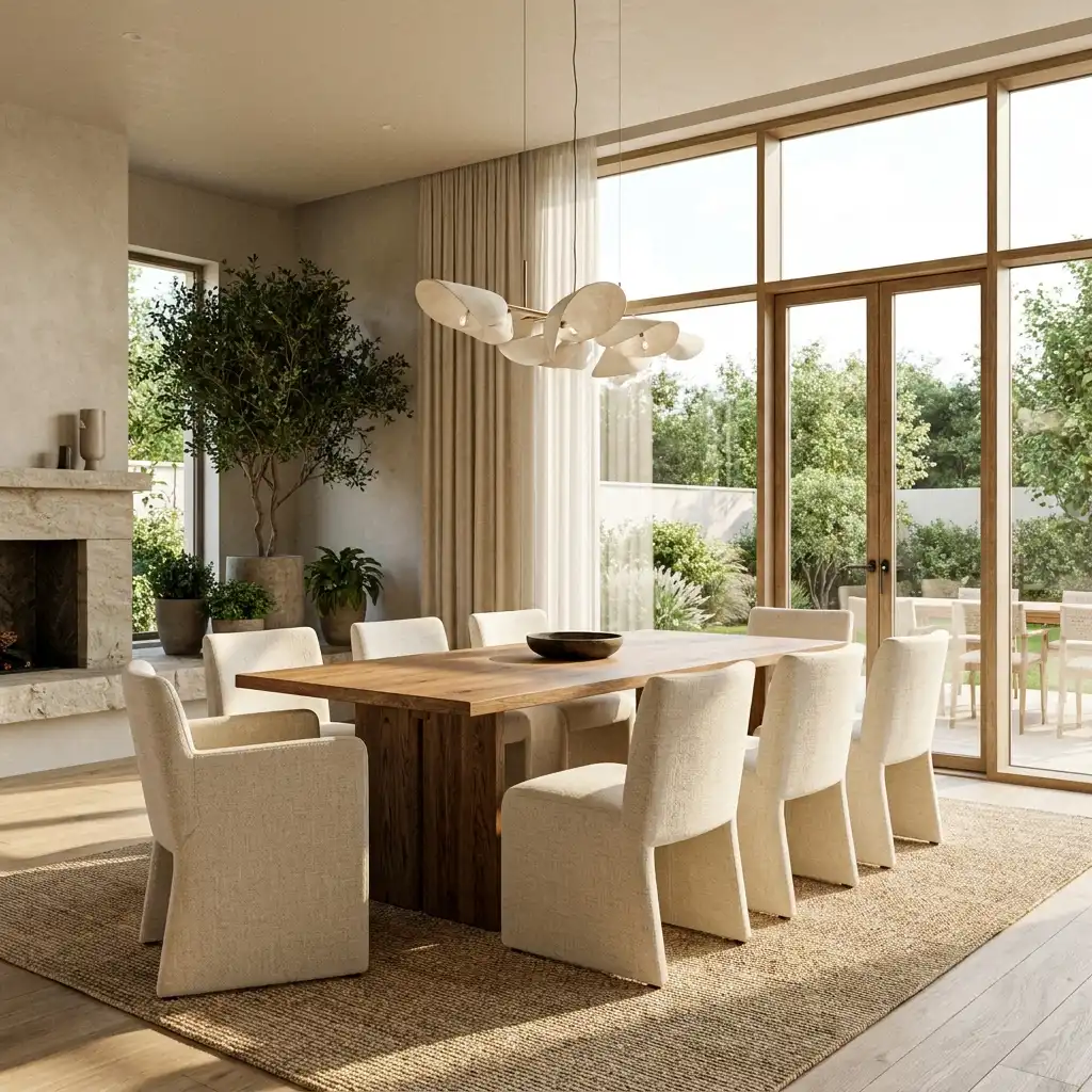 Modern dining area with sculptural chairs, warm wood table, soft natural light, textured fabrics, and a stylish indoor-outdoor entertaining feel