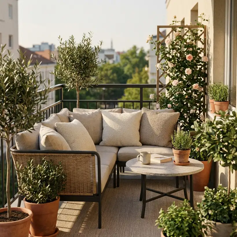 Compact outdoor patio with a stylish small sofa set, textured cushions, coffee table, and soft natural light, photorealistic with realistic materials and no text