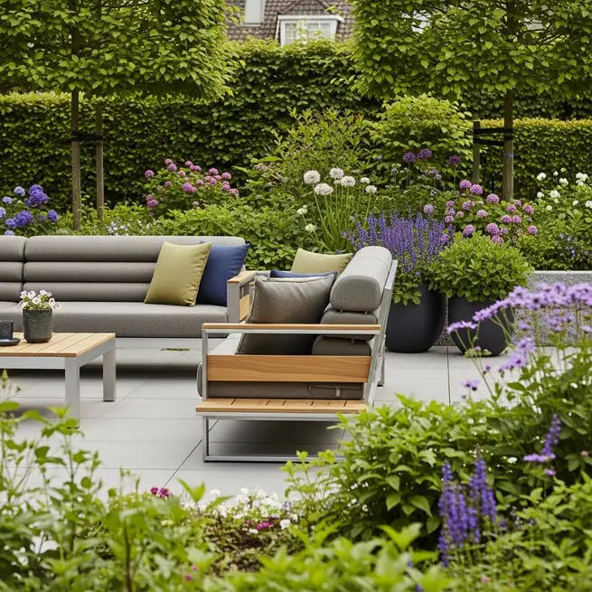 Luxury outdoor deep seating sofa arrangement on a modern patio with layered cushions, aluminium and teak textures, landscaped garden setting, photorealistic, natural lighting, realistic fabric and wood textures, no text