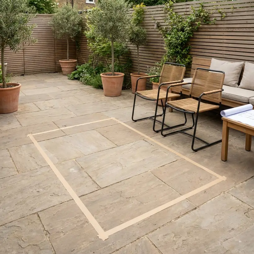 Outdoor 6 seater dining layout with taped floor measurements
