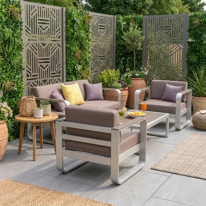 Modern garden privacy screen beside luxury outdoor seating