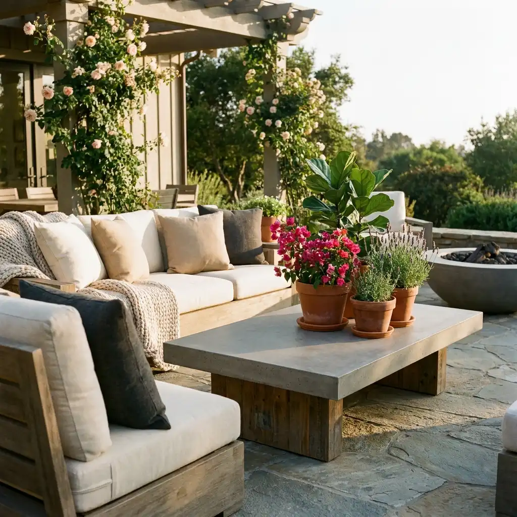 Cozy patio sofa set with soft cushions and natural styling