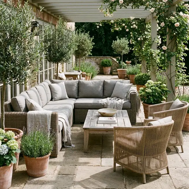 Warm grey outdoor furniture styling