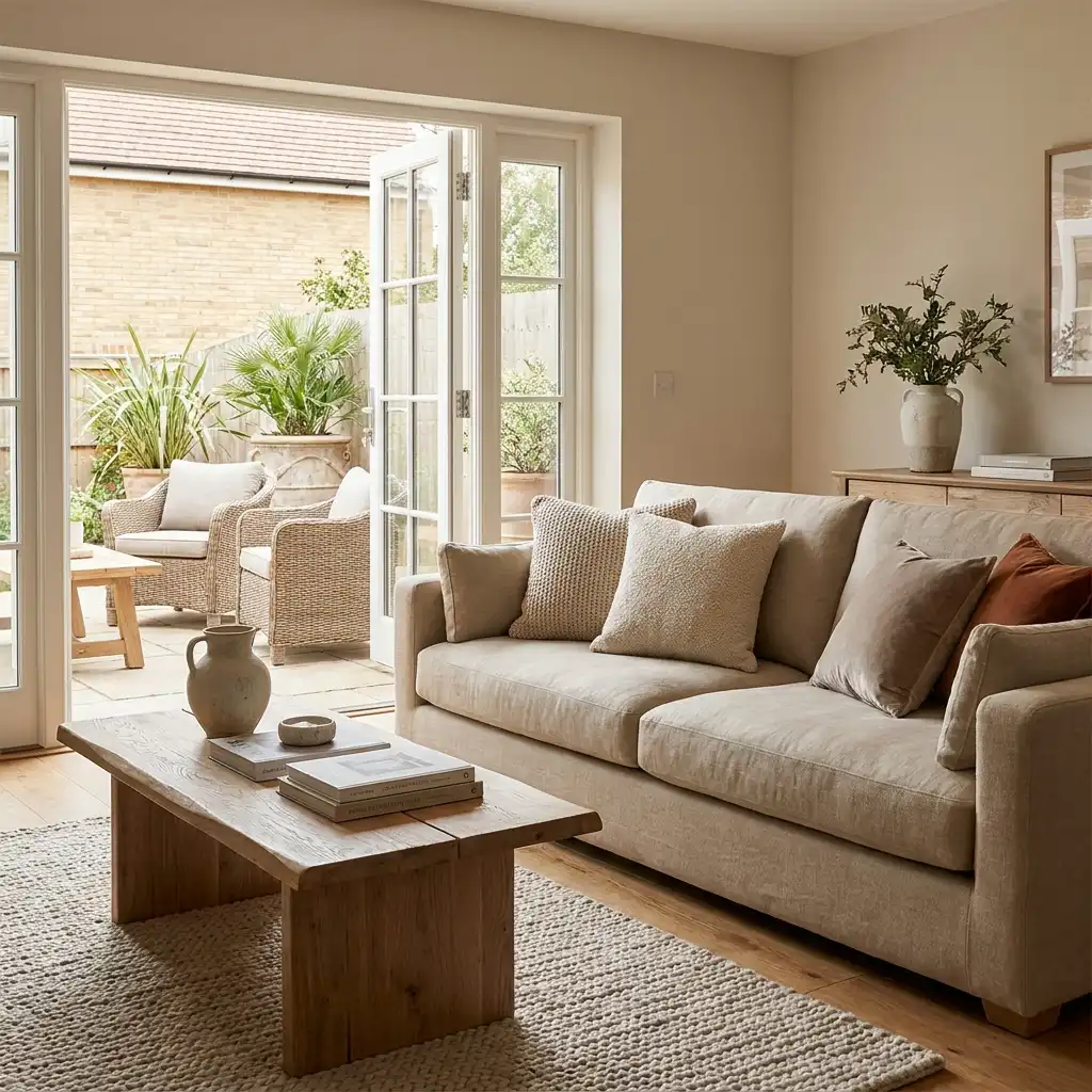 Modern living room with stylish sofa furniture and patio connection