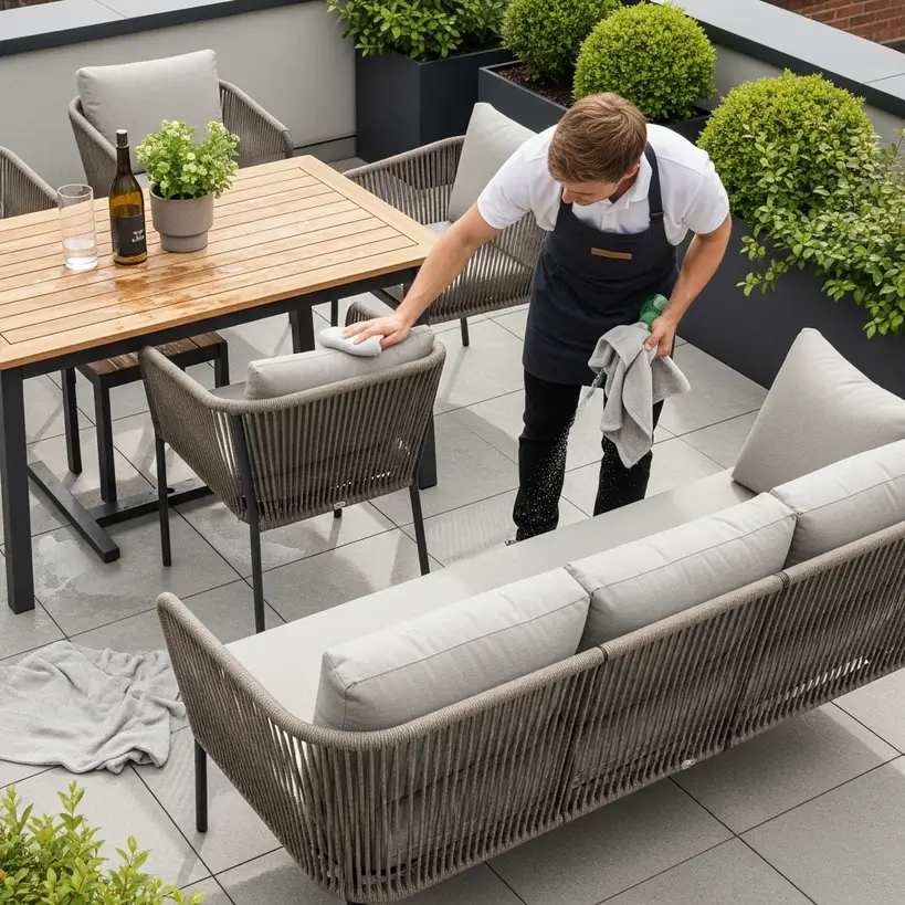 Person gently cleaning premium outdoor furniture on a modern patio