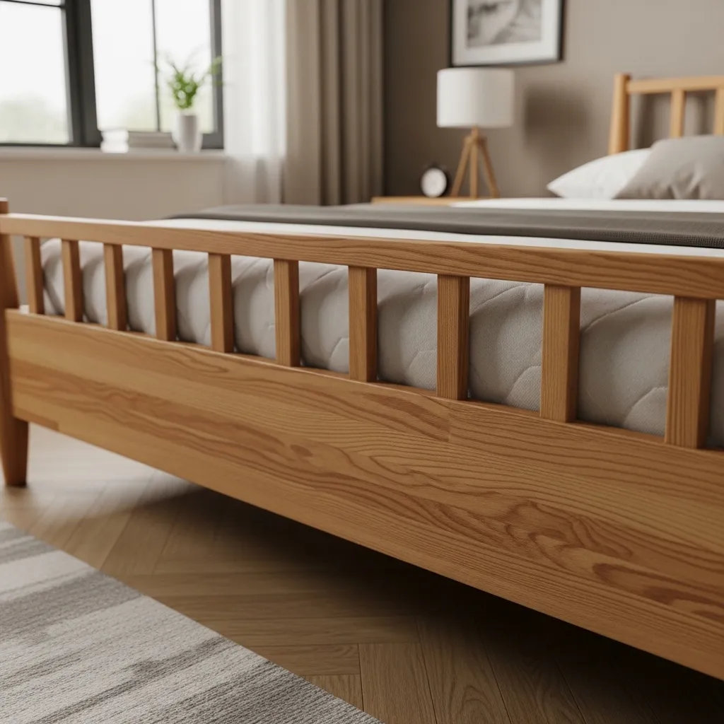 Wooden bed frame detail with mattress support slats