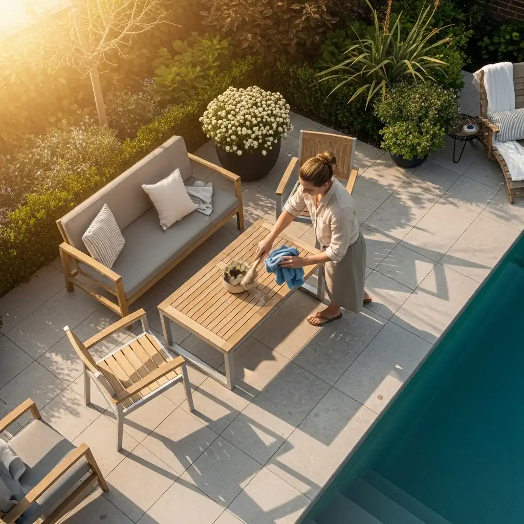 Cleaning luxury garden furniture on a small patio