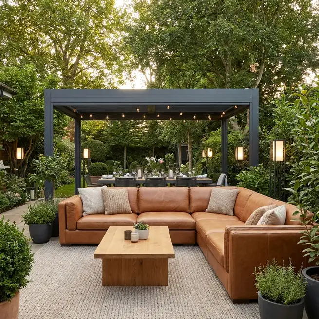 Modern leather sofa set in a bright UK living room