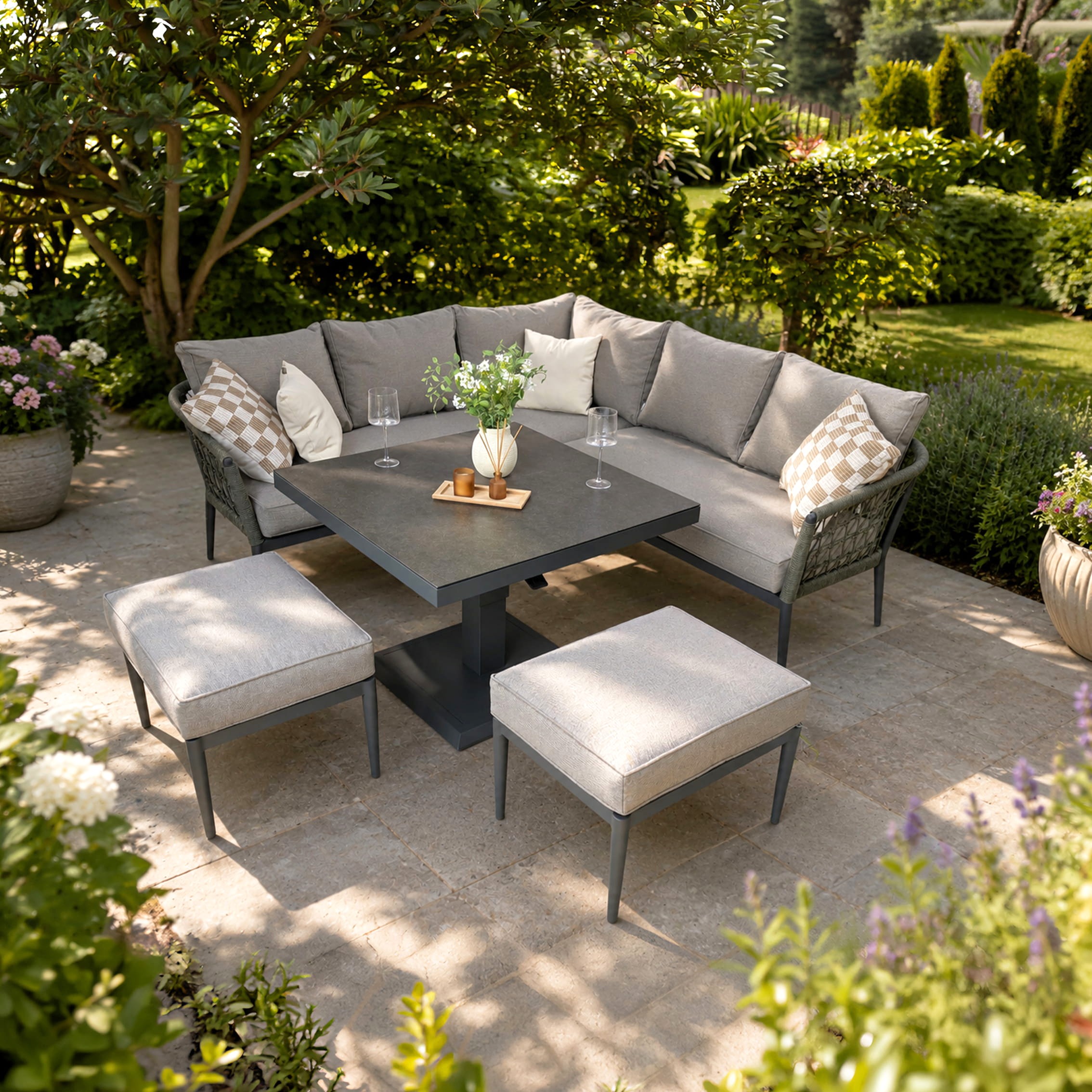 rengard garden outdoor waltz corner sofa set with rising table and footstools