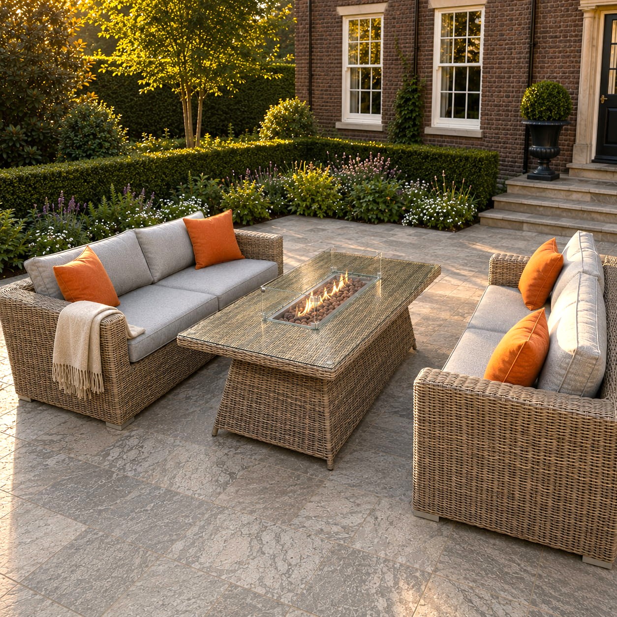 JENNY 2 Seater Rattan Sofa Set with Gas Fire Pit Table