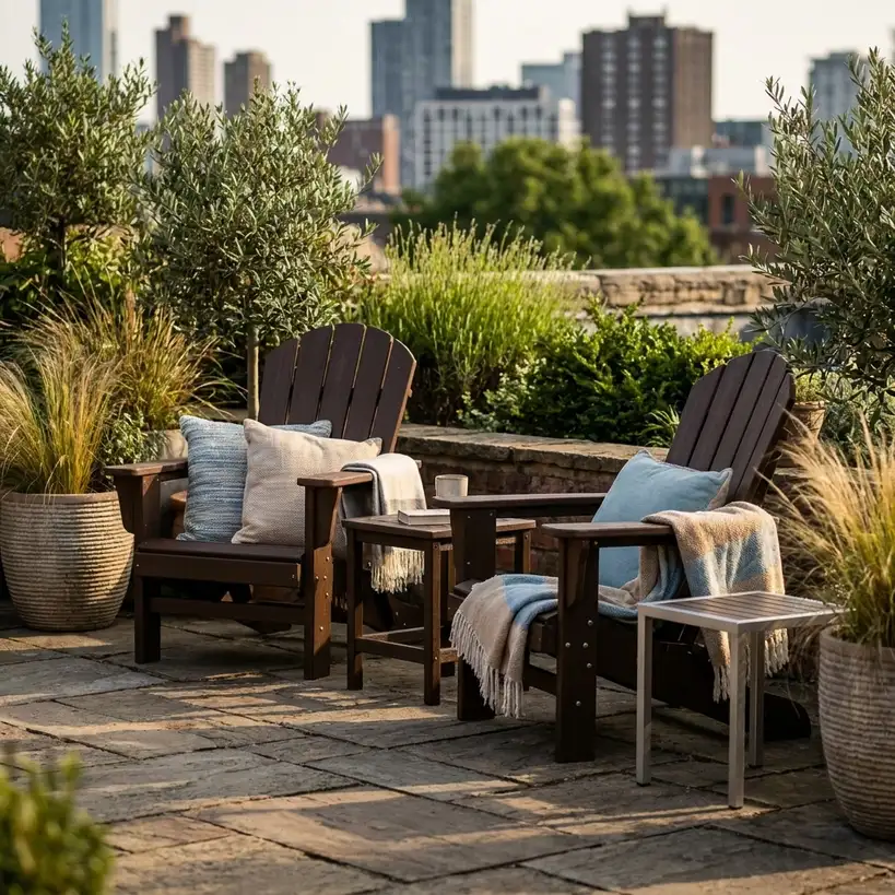 Small luxury rooftop patio with teak lounge chairs and layered planters