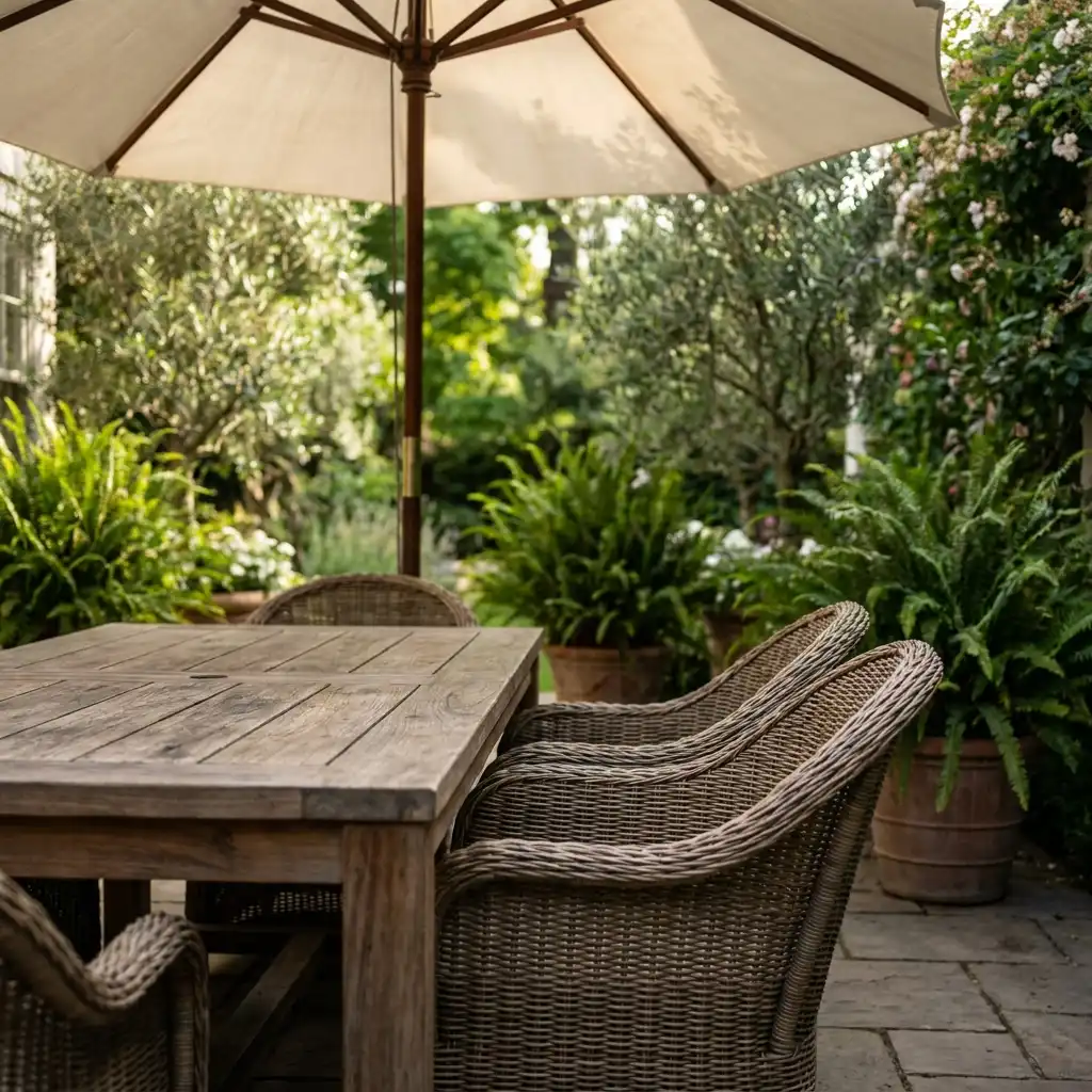 Luxury outdoor seating in teak and woven rattan materials