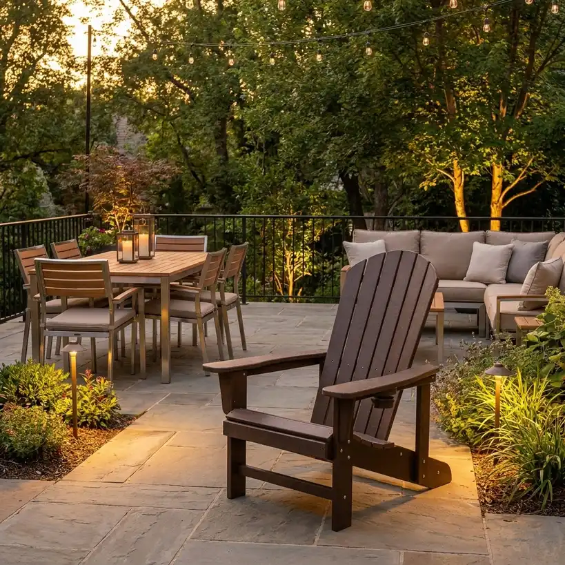Warm layered outdoor lighting around a luxury garden dining and lounge area