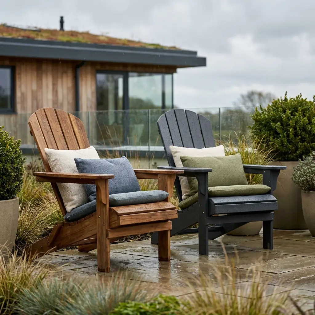 Wood and HDPE Adirondack chairs in a British garden