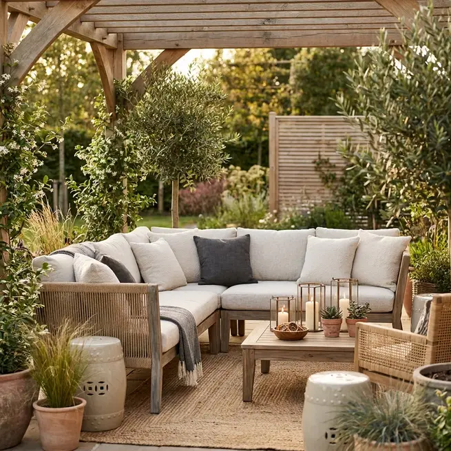 Elegant outdoor lounge with teak, rope, and rattan sofa set in a modern garden, soft natural light, realistic textures, stylish yet practical layout