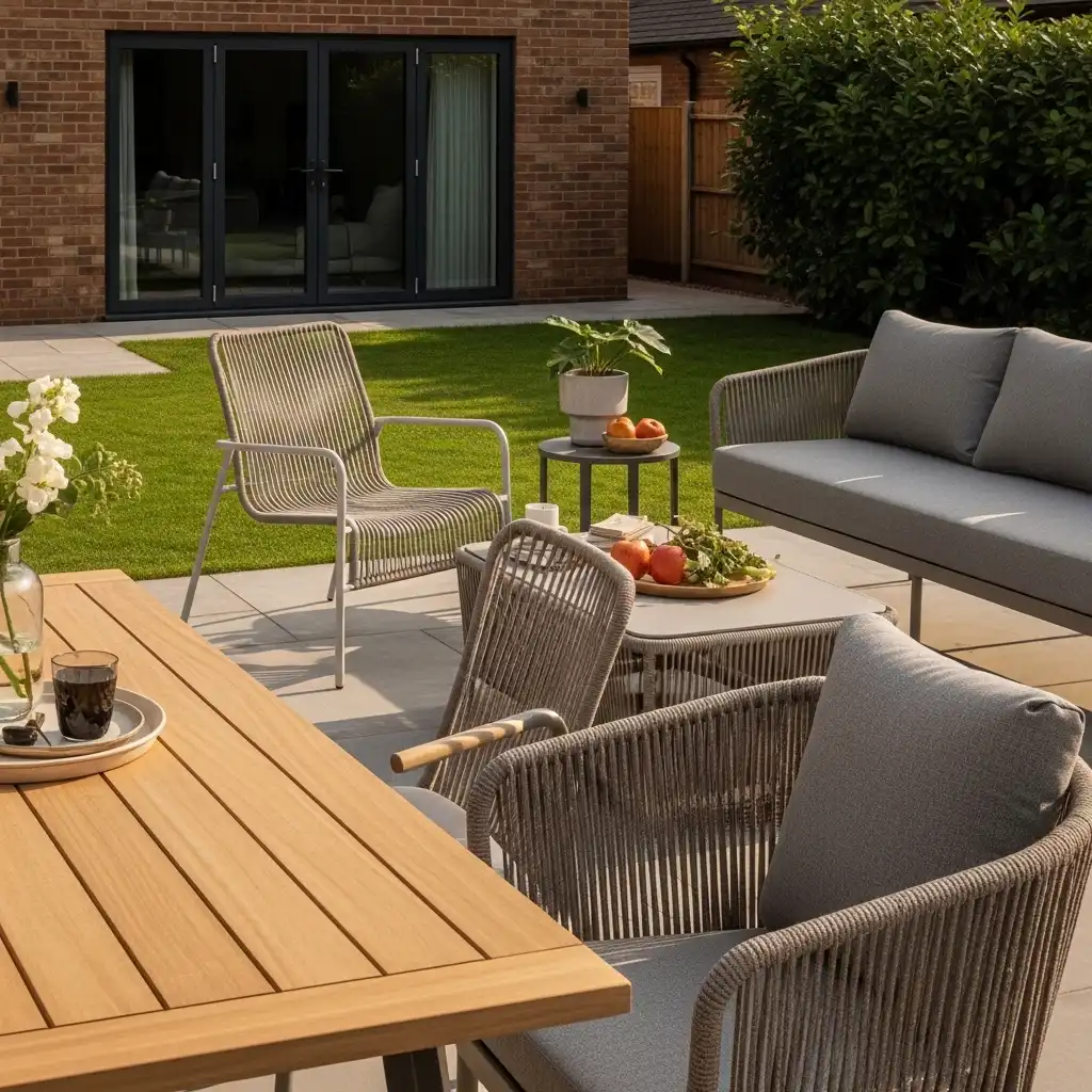 Premium outdoor furniture materials in a modern British garden