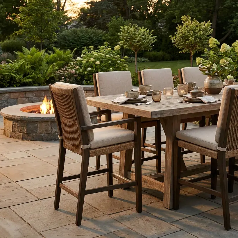 High back outdoor chairs around a modern garden dining table