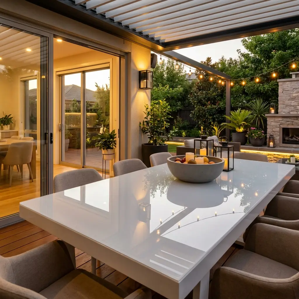 White high gloss dining table in a bright modern home