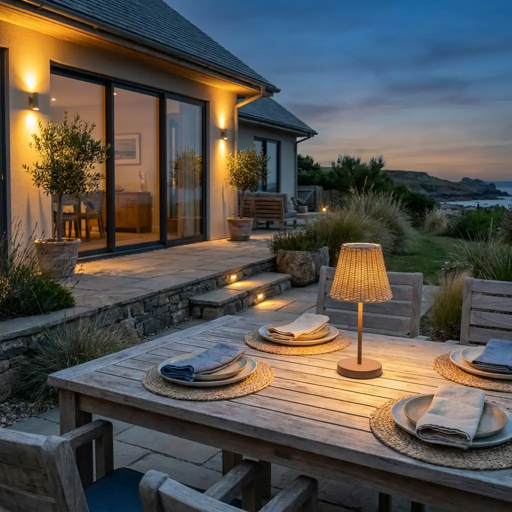 Warm modern patio lighting with teak dining furniture