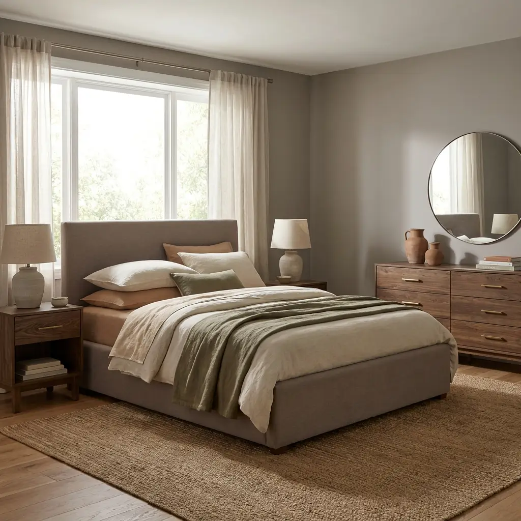 Calm modern bedroom with coordinated furniture set
