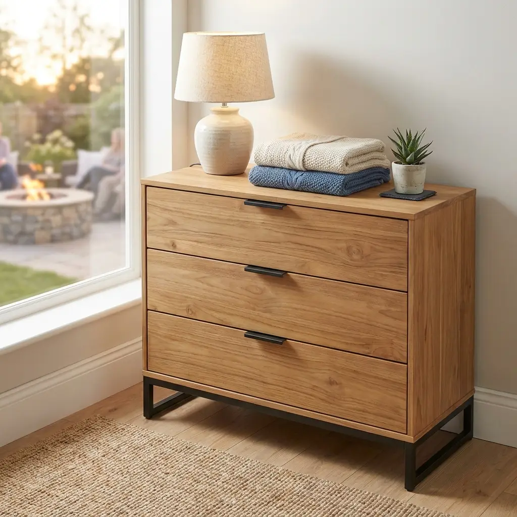 Stylish three drawer chest in a bright modern home