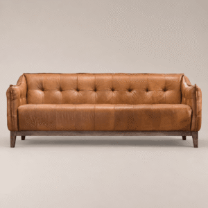rengard home indoor interior furniture 3 seater brown leather vintage quilted button pins wood premium 3 seater sofa