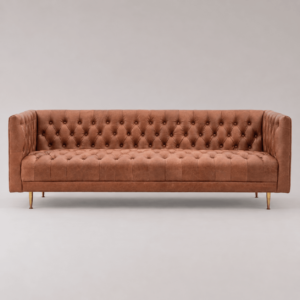 rengard home indoor interior furniture 3 seater stylish sofa in brown leather quilted buttoned minimalist gold metal legs