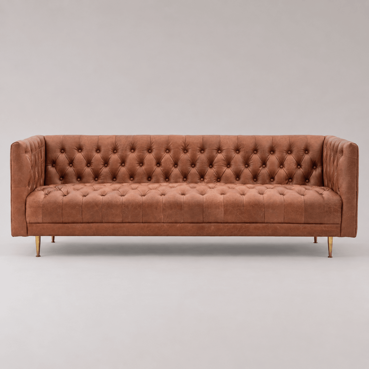 rengard home indoor interior furniture 3 seater stylish sofa in brown leather quilted buttoned minimalist gold metal legs
