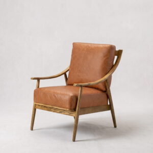 Rengard indoor interior home occasional natural wood and real brown leather armchair