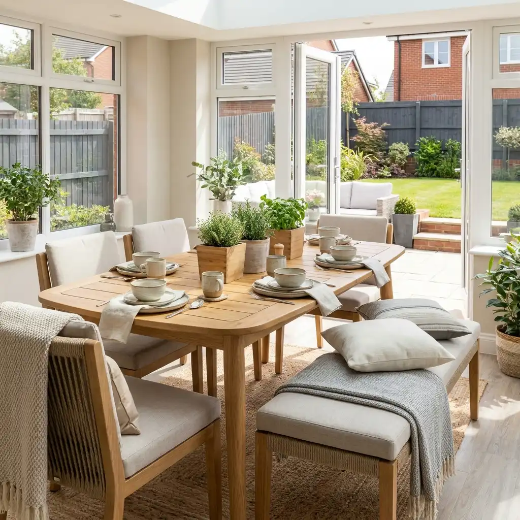 Soft-modern family dining room with oak table